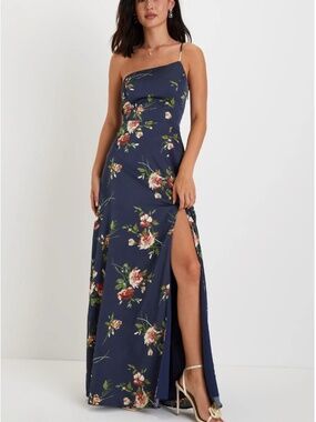 Lulus Exceptional Attraction Navy Floral One-Shoulder Maxi Dress Size XL NWT